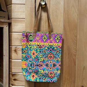 Colorful Canvas and Leather Straps Tote Bag